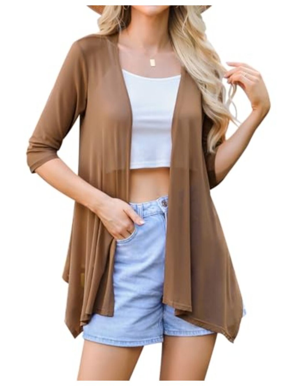 Women's Sheer 3/4 Sleeve Cardigan Open Front Boho Kimono Beach Cover Up